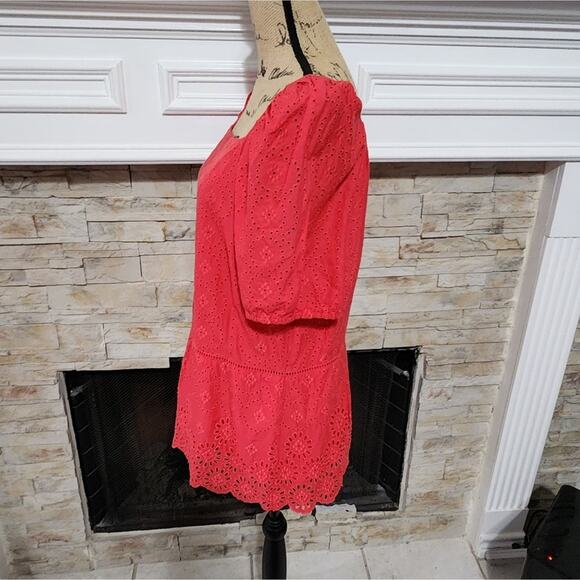 Ann Taylor Fuscia Pink crocheted lace peplum puff sleeve‎ blouse size 14 - Picture 5 of 7